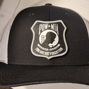 POW MIA Patched Black/White Mesh Low Profile Snapback Trucker Hat